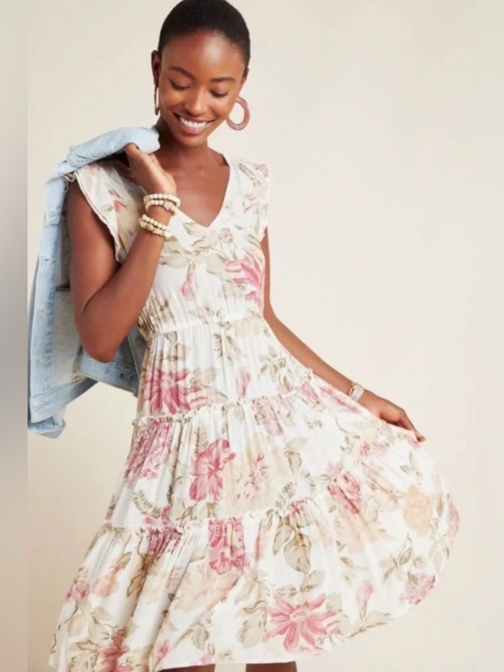 Anthropologie x Frye Floral V-Neck Tiered Midi Dress in Floral